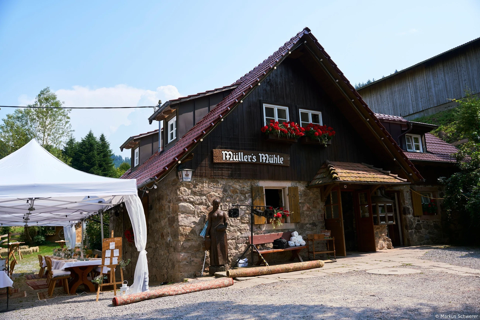 Außenansicht von Müllers Mühle mit Holzfassade, Steinmauern und geschmücktem Eingang