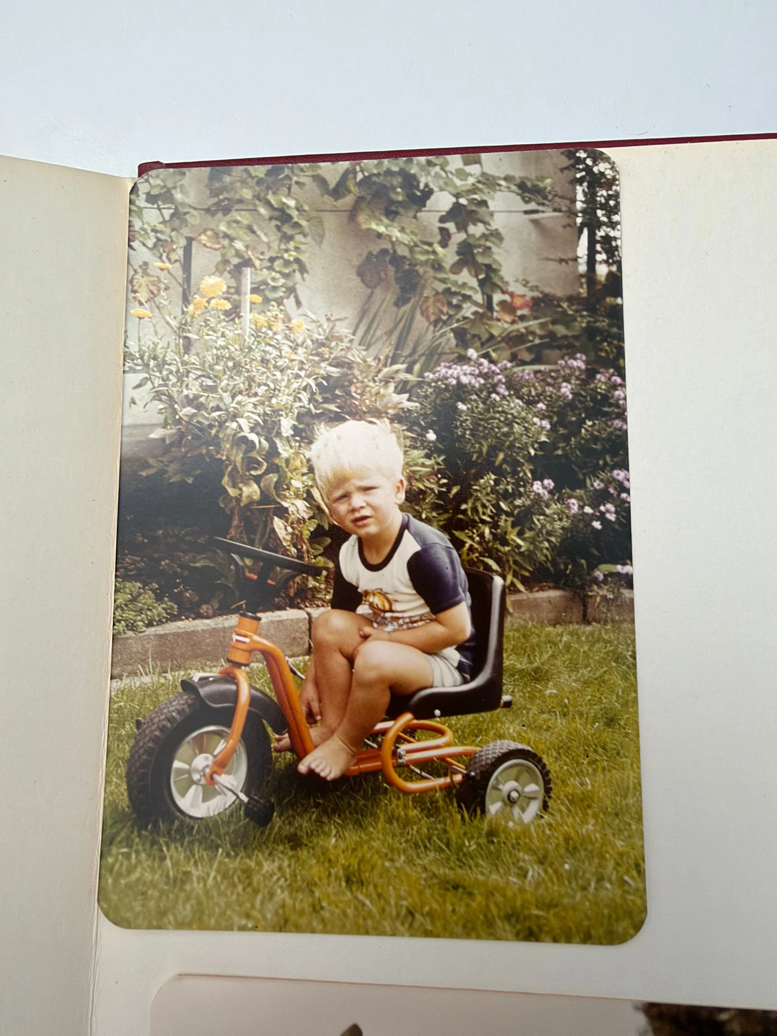 Kindheitsfoto auf einem kleinen Dreirad im Fotoalbum